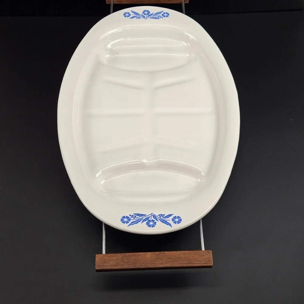 Vintage CorningWare Blue Cornflower P-19 Oval Platter Meat Tray with Cradle Rack